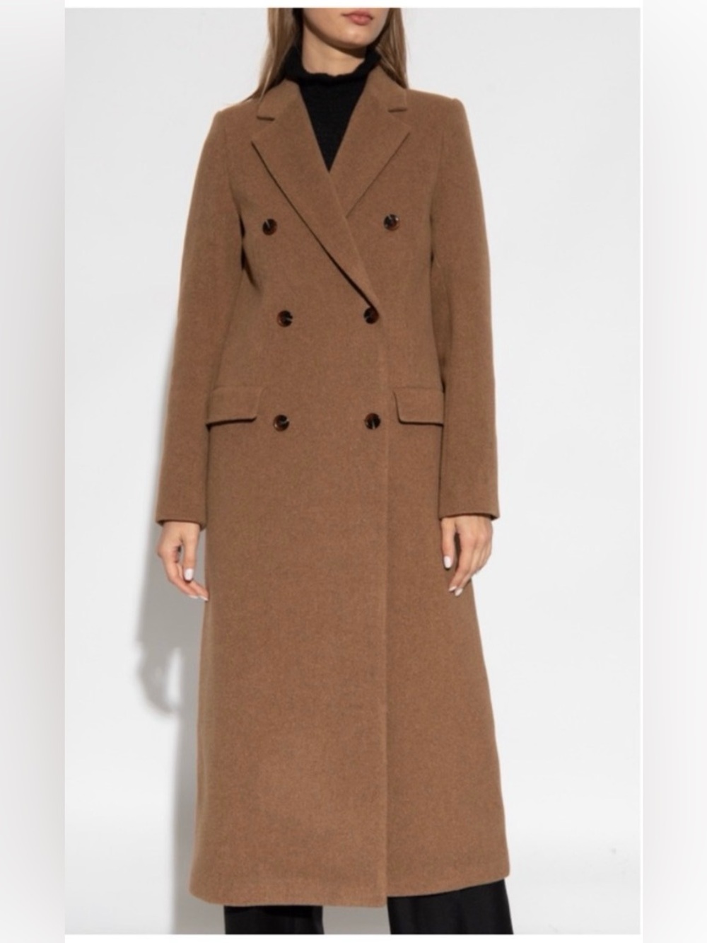 Long Double-Breasted Wool Trench Coat - Brown